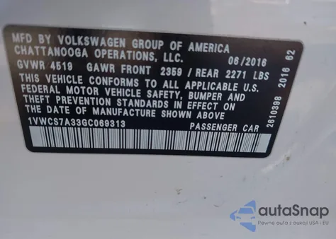 2016 Volkswagen Passat 1.8T Sel Premium from USA, damaged, VIN 1VWCS7A33GC069313